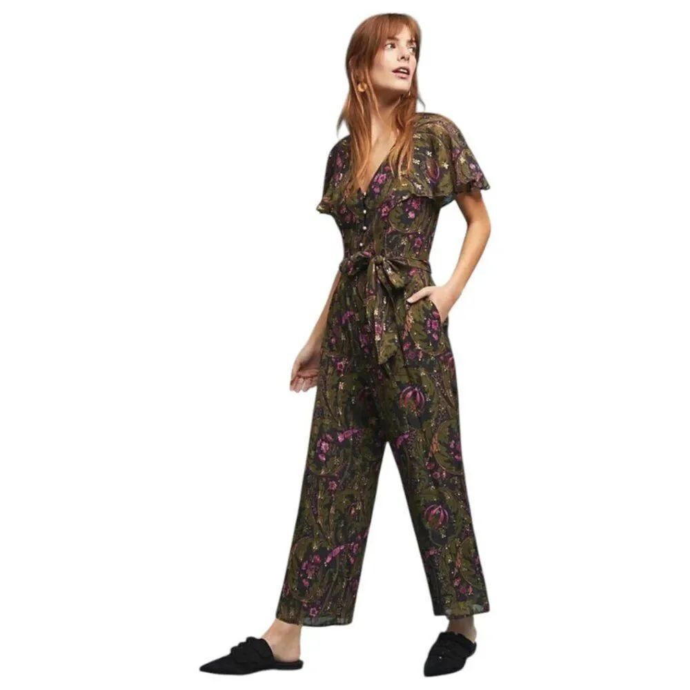 Ett Twa by Anthropologie Brenda Floral Gold Metallic Jumpsuit/Romper -Green Pink